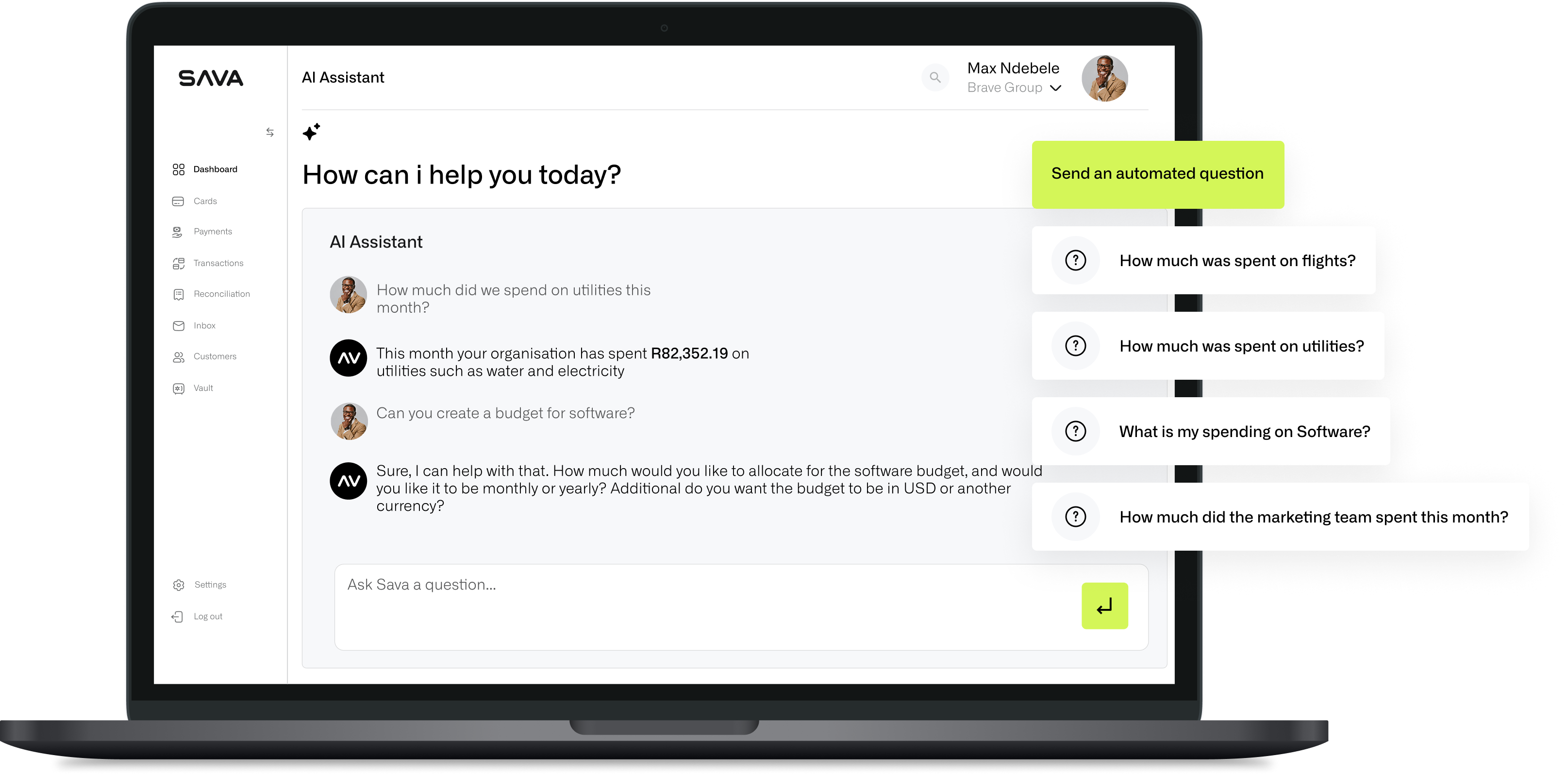 SAVA AI Assistant interface showing intelligent expense analysis